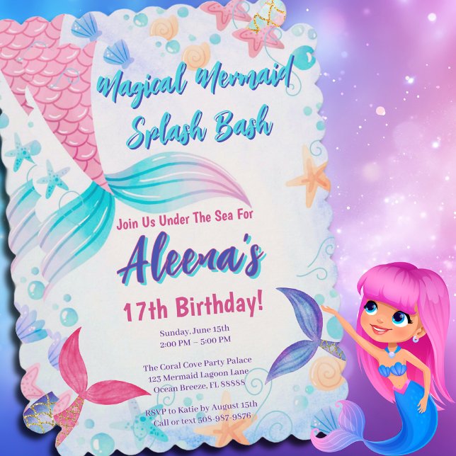 Whimsical Pink Mermaid Schwanz 17. Geburtstag Einladung (Magical Mermaid Birthday Party Invitation)