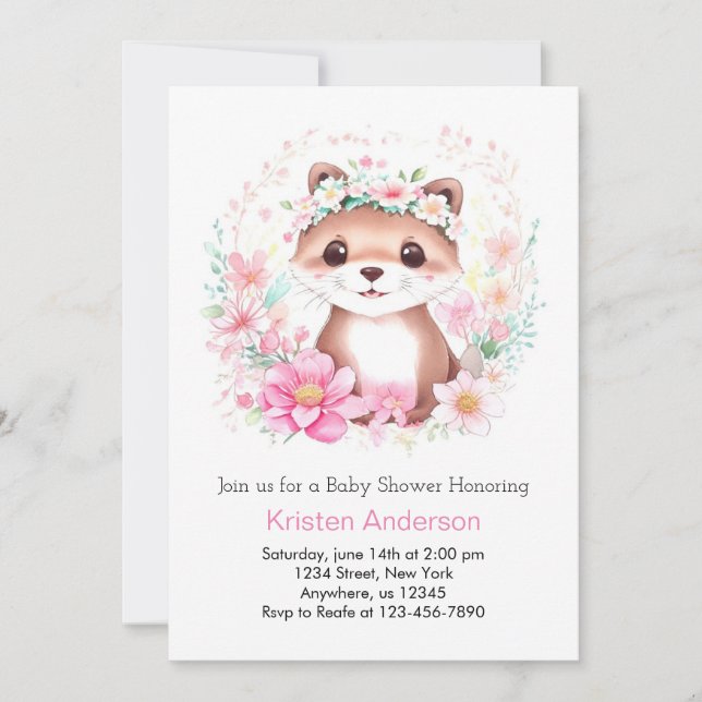 Whimsical Pink Otter Meadow Girl Babydusche Einladung (Vorderseite)