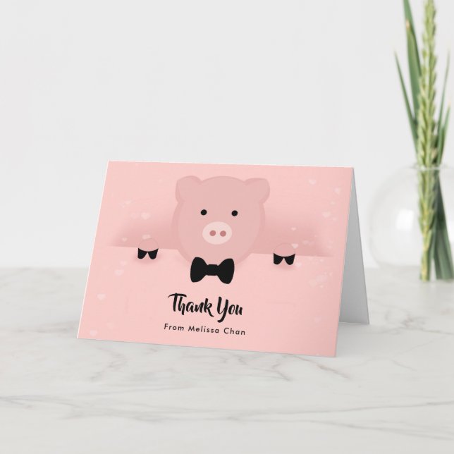 Whimsical Pink Pig in einer Bow-Krawatte Danke Karte (Vorderseite)