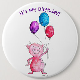 Whimsical Pink Pig mit Balloons Button