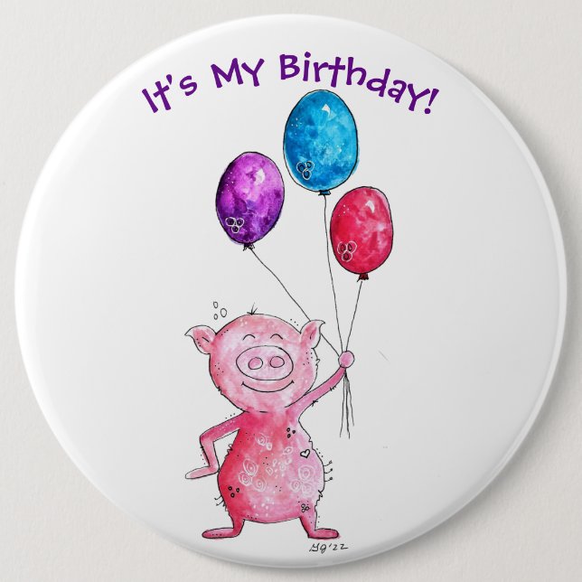 Whimsical Pink Pig mit Balloons Button (Vorderseite)