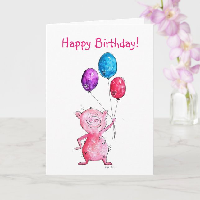 Whimsical Pink Pig mit Balloons Karte (Orchidee)