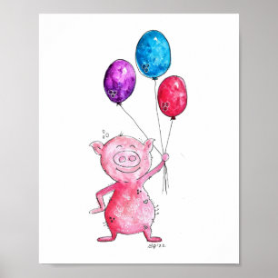 Whimsical Pink Pig mit Balloons Poster