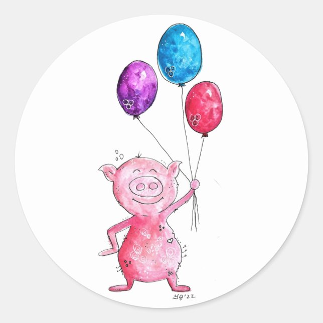 Whimsical Pink Pig mit Balloons Runder Aufkleber (Vorderseite)