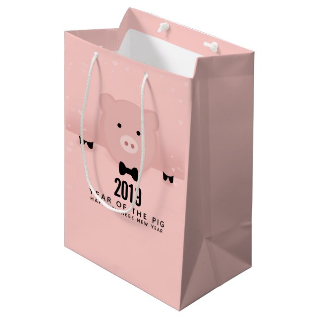 Whimsical Pink Pig Niedlich Chinesisch Neujahr 201 Mittlere Geschenktüte (Vorderseite Schrägansicht)