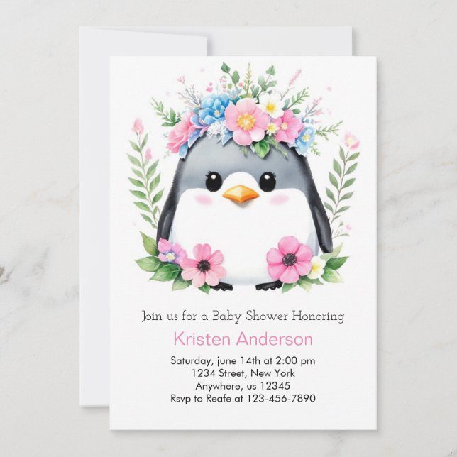 Whimsical Pink Pinguin Girl Baby Dusche Einladung (Vorderseite)