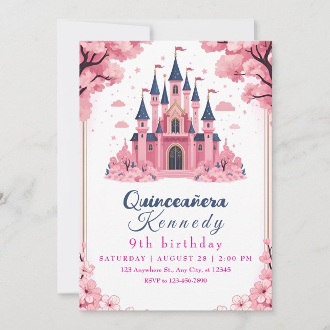 Whimsical Pink Princess Castle Birthday Einladung (Vorderseite)