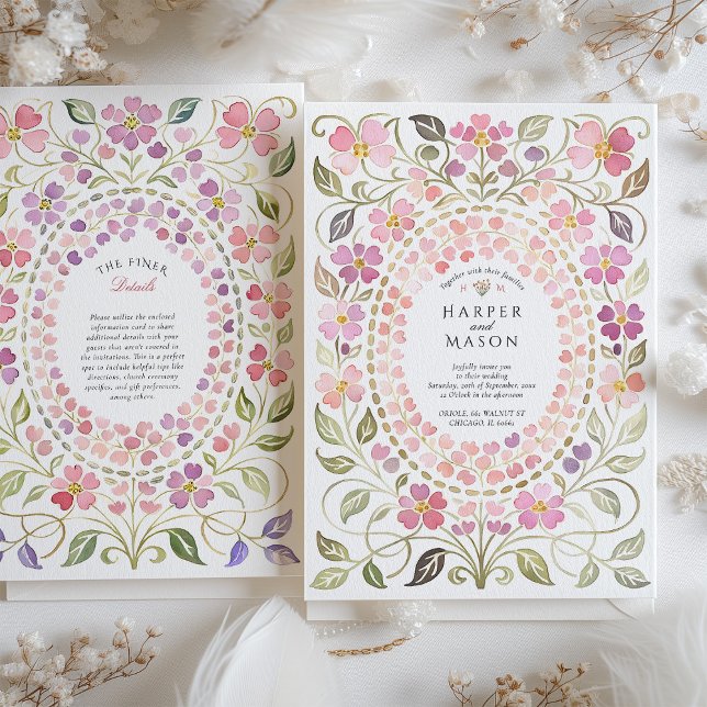 Whimsical Pink & Purple Floral Petal Frame Wedding Einladung (Von Creator hochgeladen)