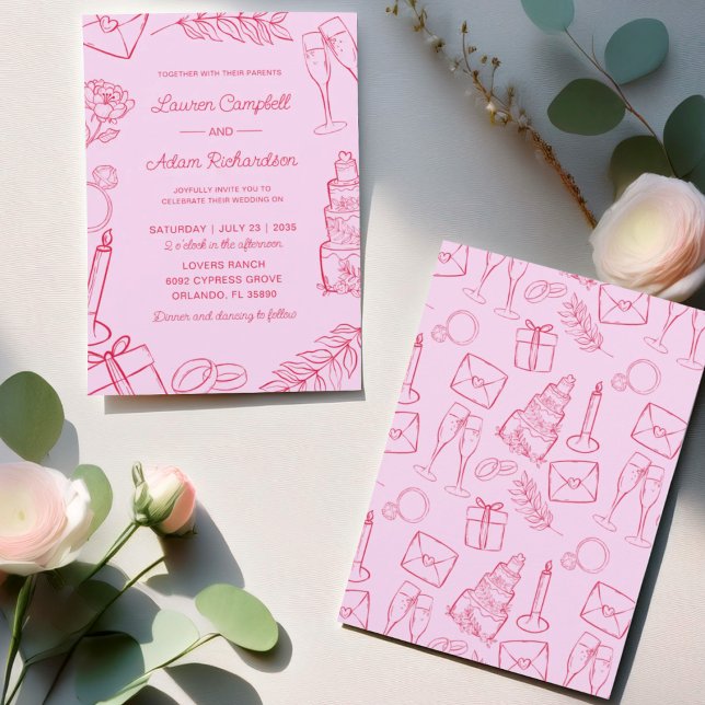 Whimsical Pink & Red Hand-Drawn Wedding Einladung (Von Creator hochgeladen)