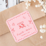 Whimsical Pink Red Wavy Frame Wedding Quadratischer Aufkleber<br><div class="desc">Whimsical pink and red stickers for your engagement party,  rehearsal dinner,  wedding,  and reception invitations and party favors featuring a wavy frame adorned with coquette bows,  whimsical hand drawn illustrations of a heart,  stars and wine glasses,  and the names of the bride and groom in a playful script.</div>