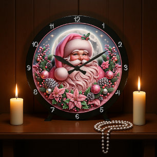 Whimsical Pink Santa Christmas Grafik Große Wanduhr