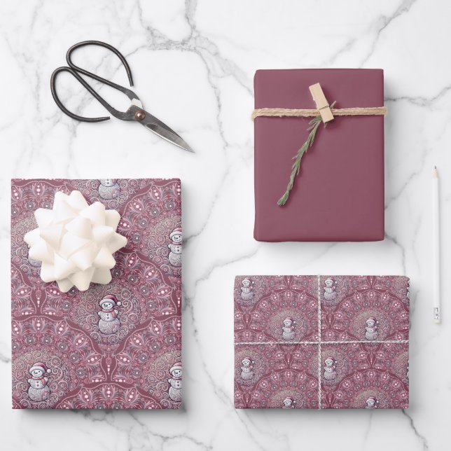 Whimsical Pink Snowman Mandala Art Deco Scallop Geschenkpapier Set (Vorderseite)