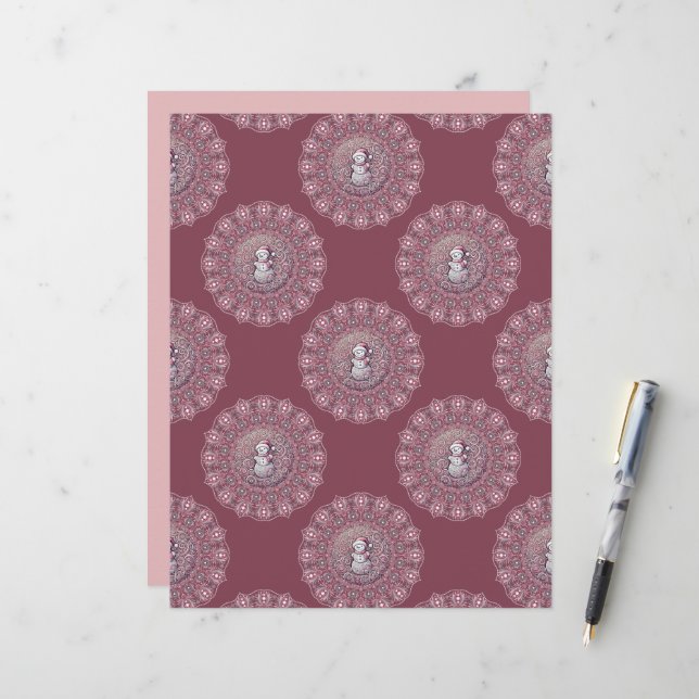 Whimsical Pink Snowman Polka Dot Mandala Scrapbook (Vorderseite/Rückseite Beispiel)