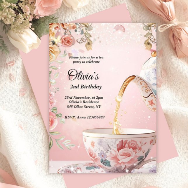 Whimsical Pink Tea Party Floral Birthday  Einladung (garden tea party, pink tea party invitation, kids birthday invitation, spring tea party, glittery te)
