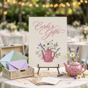 Whimsical Pink Teekanne Wildblumen Karten und Gesc Poster