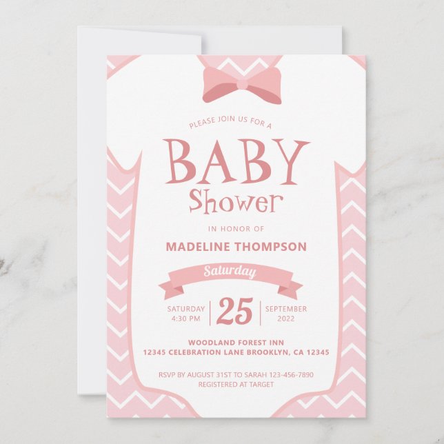 Whimsical Pink White Bow Krawatte Baby Girl Baby D Einladung (Vorderseite)
