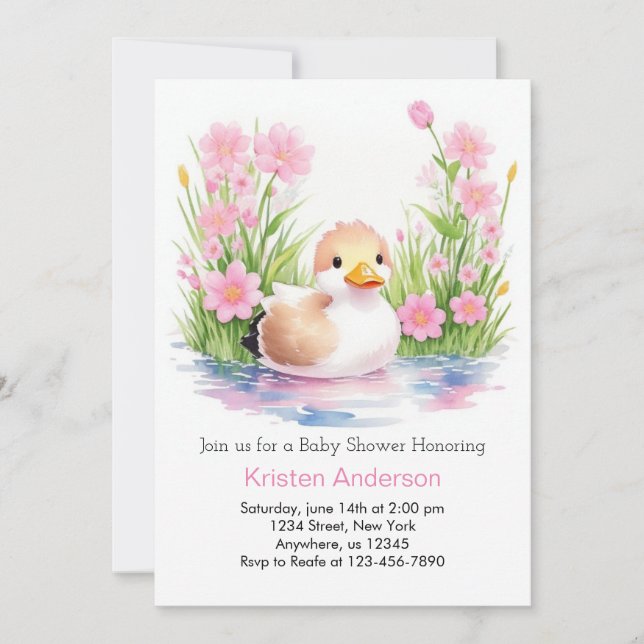 Whimsical Pink Wildblume Duck Girl Babydusche Einladung (Vorderseite)