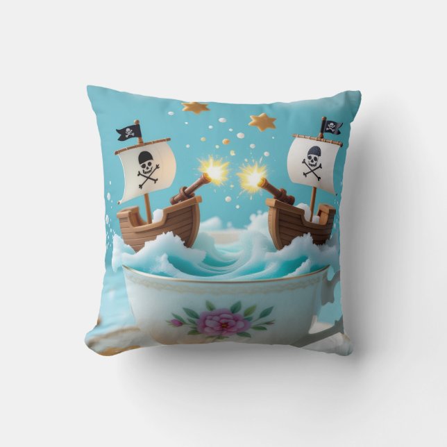 Whimsical Pirate Ships in Teacup Cushion – Cute Fa Kissen (Vorderseite)