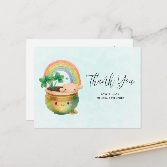 Whimsical Planter mit Regenbogen & Klee Vielen Dan Postkarte (Vorderseite/Rückseite Beispiel)
