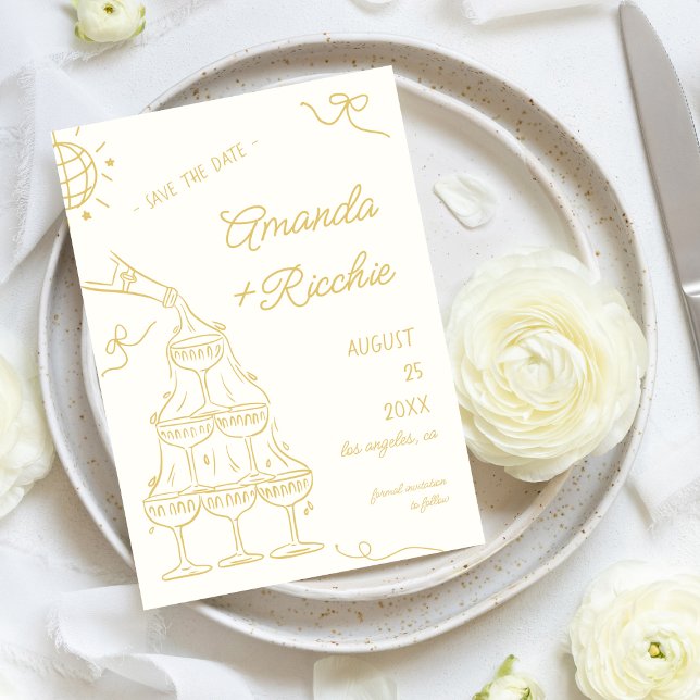 Whimsical Playful Champagner Tower Doodle Wedding Save The Date (Von Creator hochgeladen)
