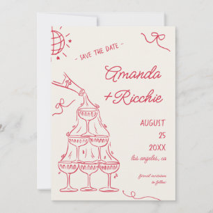Whimsical Playful Champagner-Turm-Doodle-Hochzeit Save The Date
