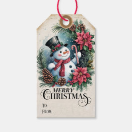 Whimsical Poinsettia Wreath Snowman Weihnachten Geschenkanhänger