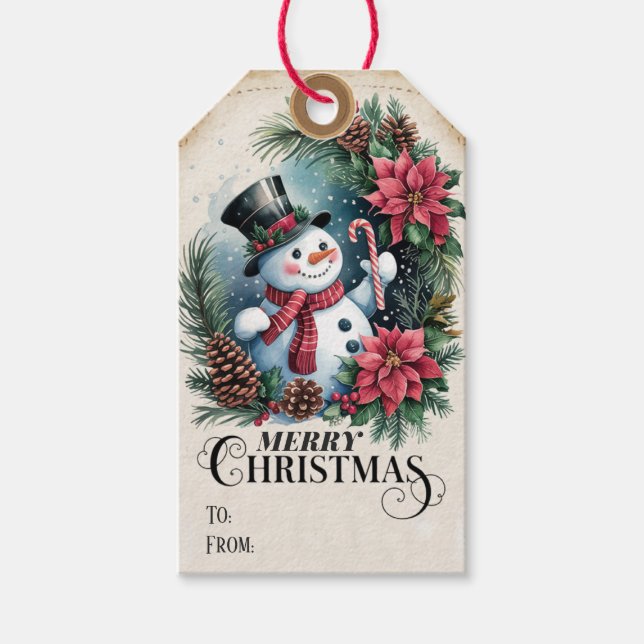 Whimsical Poinsettia Wreath Snowman Weihnachten Geschenkanhänger (Vorderseite)