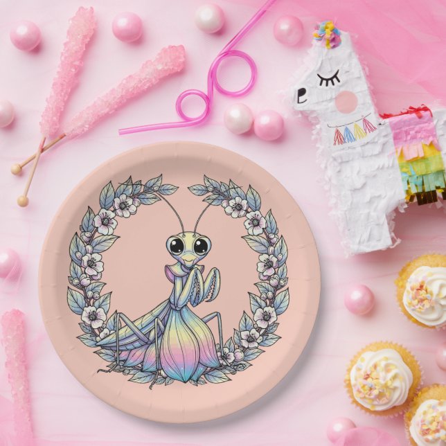 Whimsical Praying Mantis And Mountain Laurel Bloss Pappteller (Party)