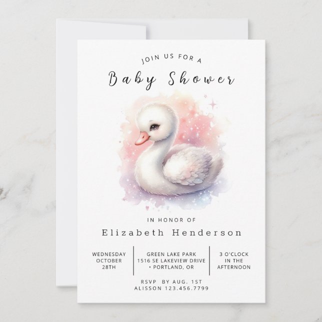 Whimsical Printable Swan Baby Dusche Einladung (Vorderseite)