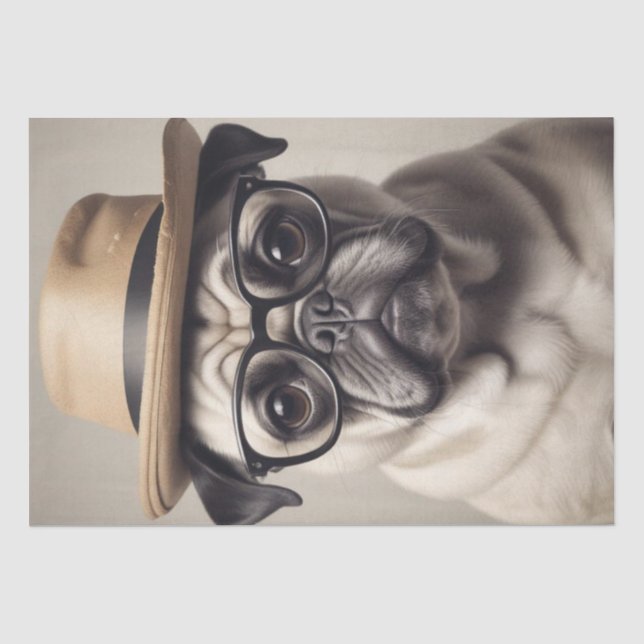 Whimsical Puggle in Hut und Brille Decoupage Seidenpapier (Vorderseite)