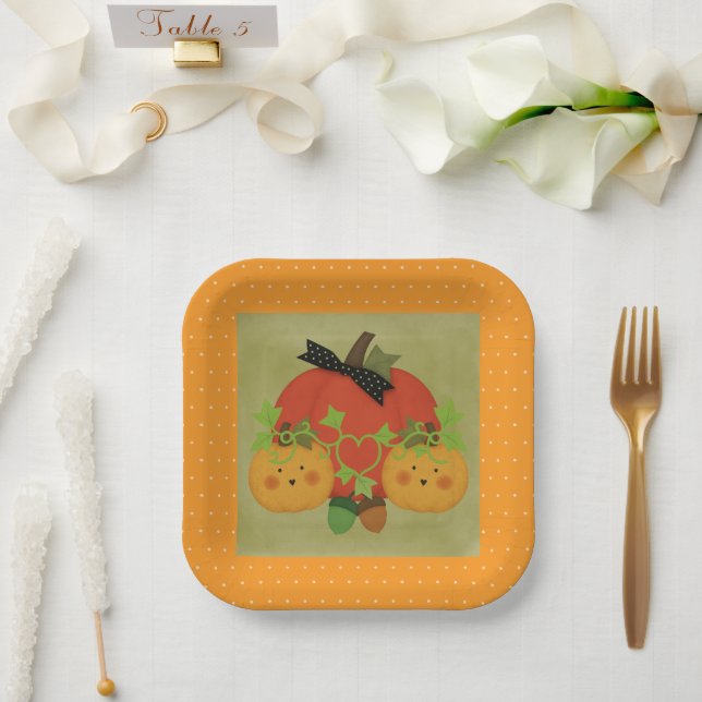 Whimsical Pumpkin & Acorn Halloween Bridal Pappteller (Hochzeit)
