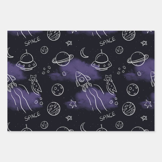 Whimsical Purple Outer Space Seamless Pattern Geschenkpapier Set (Vorderseite)