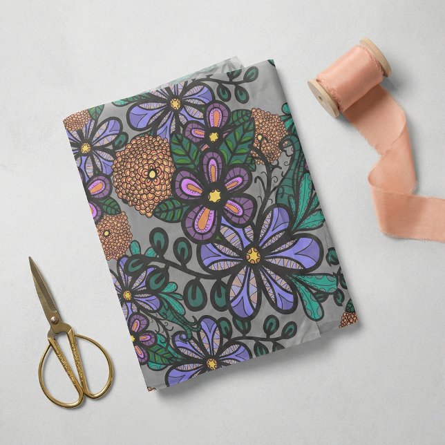 Whimsical Purple Peach Floral Doodle Art Pattern Seidenpapier (Von Creator hochgeladen)