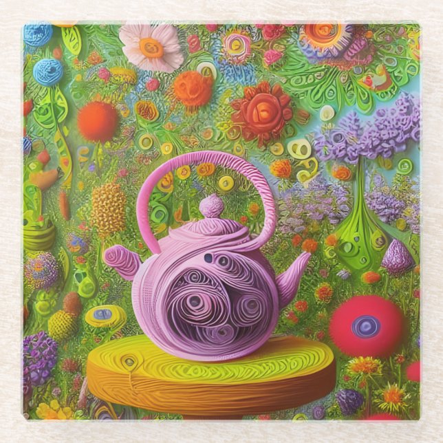 Whimsical Quill Teapot Landschaft Glasuntersetzer (Vorderseite)