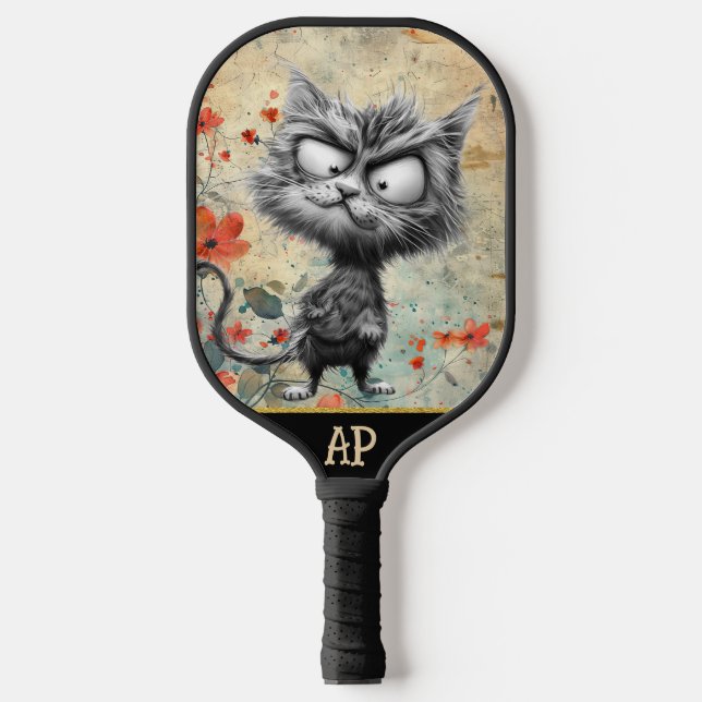 *~* Whimsical Quirky Cat AP68 Floral 17 FOTO Pickleball Schläger (Vorderseite)
