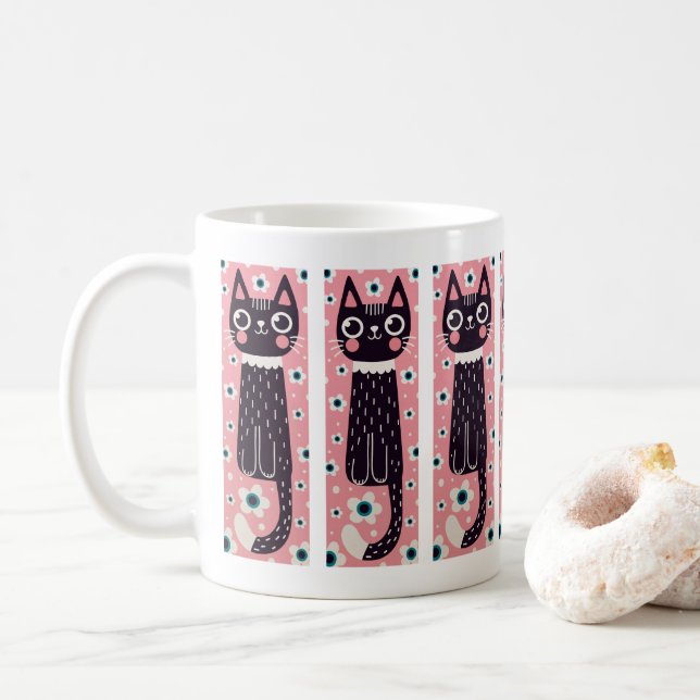 Whimsical Quirky Doodle Black Cat Zeichnend Kaffeetasse (Mit Donut)