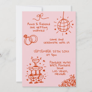 Whimsical Quirky Doodle Fun Pink Red Wedding Einladung