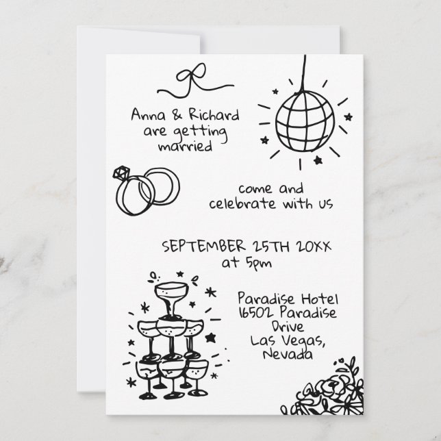 Whimsical Quirky Fun Doodle Illustrierte Hochzeit Einladung (Vorderseite)