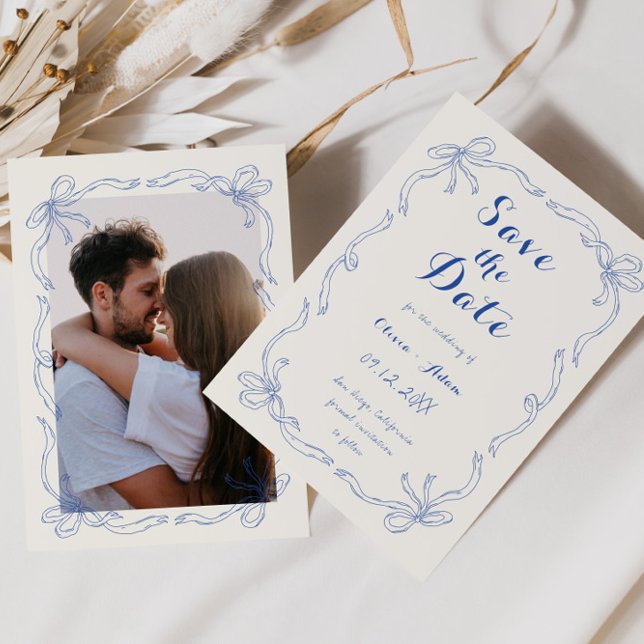 Whimsical Quirky Hand Drawn Bow Blue Save The Date (Von Creator hochgeladen)