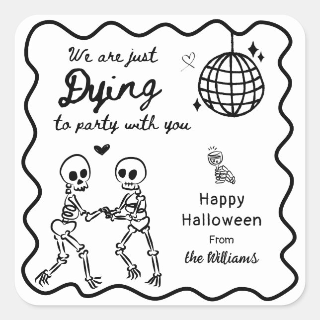 Whimsical Quirky Hand Drawn Skelett Halloween Quadratischer Aufkleber (Vorderseite)