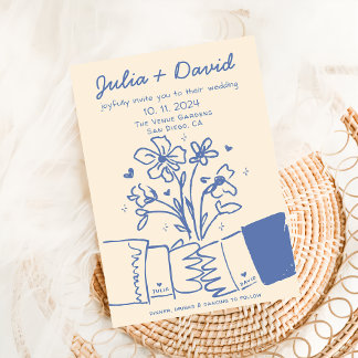Whimsical Quirky handgeschriebene Blue Floral Wedd Einladung