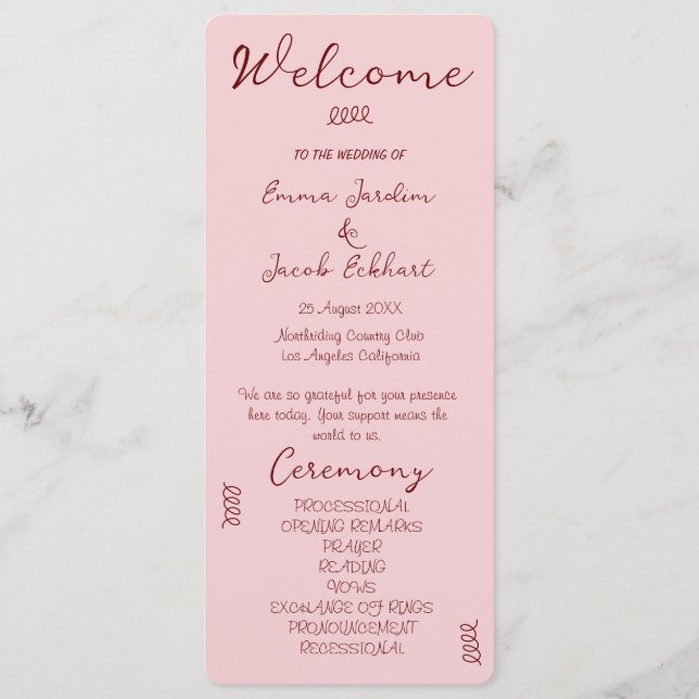 Whimsical Quirky Squiggles Pink Wedding Programm (Vorderseite)
