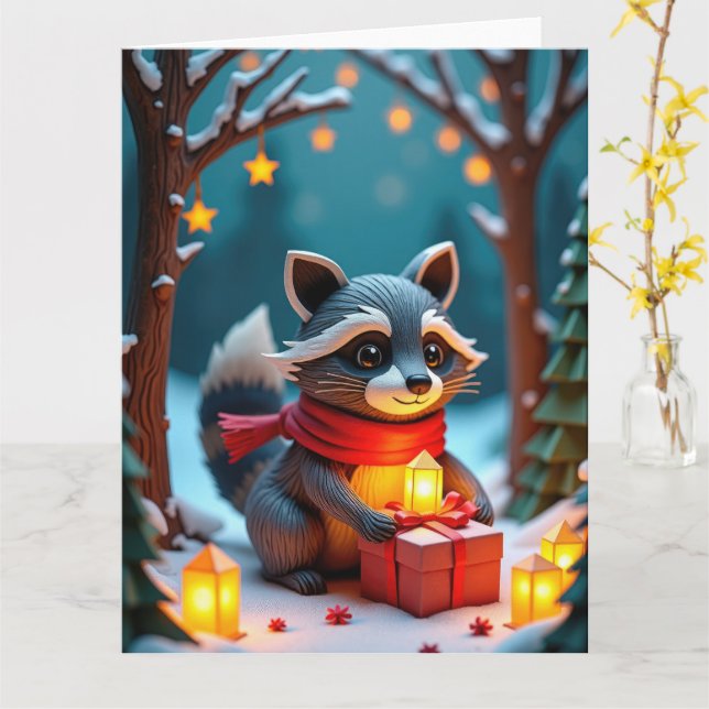 Whimsical Raccoon mit Geschenken Schnee Weihnachts Karte (Gelbe Blume)
