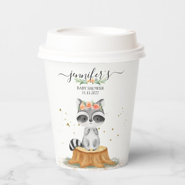 Whimsical Raccoon Nature Baby Shower Pappbecher (Vorderseite)