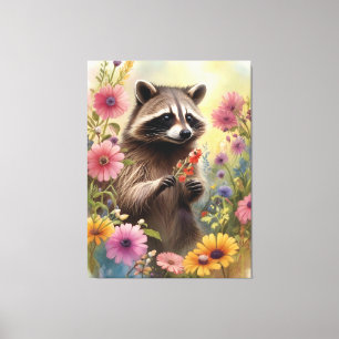 Whimsical Raccoon und Wildblumen Natur Kunst Leinwanddruck