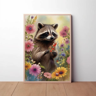 Whimsical Raccoon und Wildblumen Natur Kunst Poster