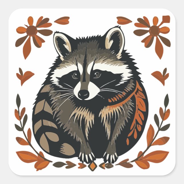 Whimsical Raccoon Woodland Animal Folks oder Triba Quadratischer Aufkleber (Vorderseite)
