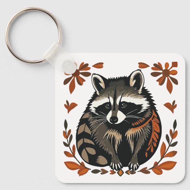Whimsical Raccoon Woodland Animal Folks oder Triba Schlüsselanhänger (Vorderseite)