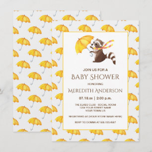Whimsical Raccoon Yellow Umbrellas Baby Dusche Einladung