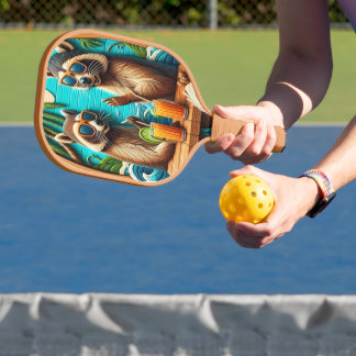 Whimsical Raccoons auf der rustikalen Tabelle Pickleball Schläger